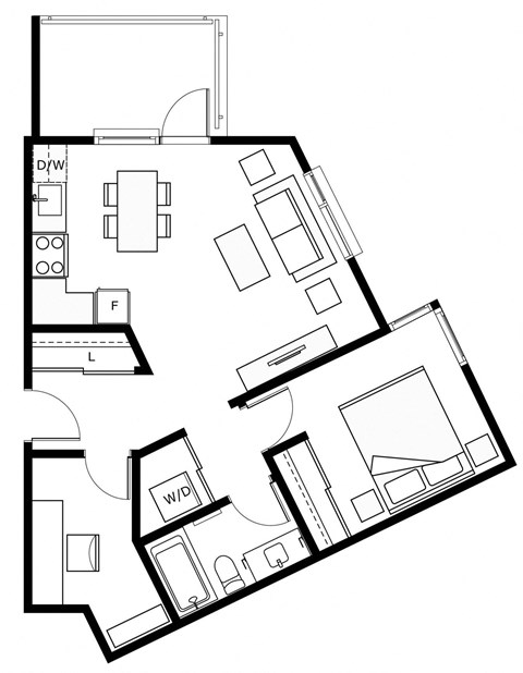 Floor plan for 1 bed, 1 bath, 500 sqft